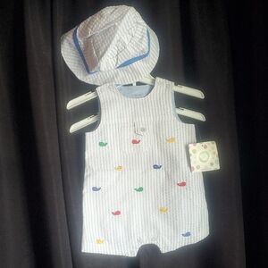 Little Me Grey & White Seersucker Jumper With Hat, 3M NWT